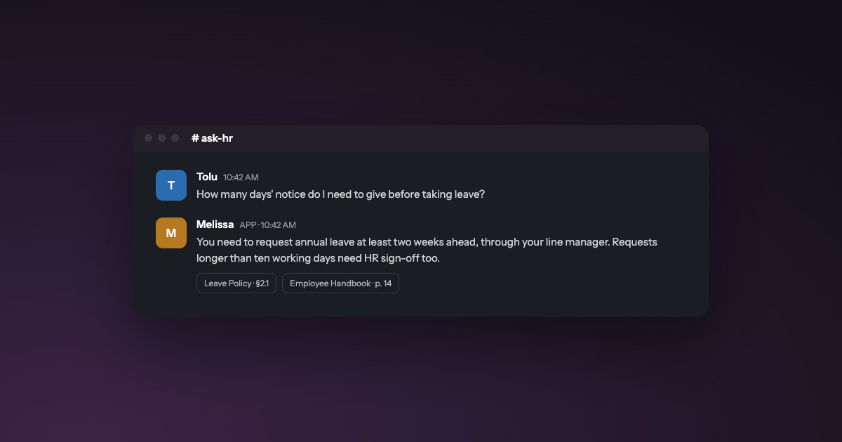 Illustration of the HR Slackbot answering a leave question with sources