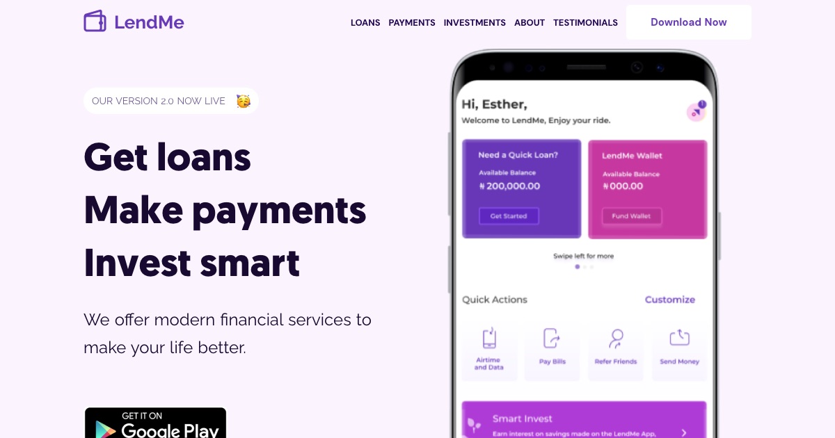 LendMe landing page with the mobile app