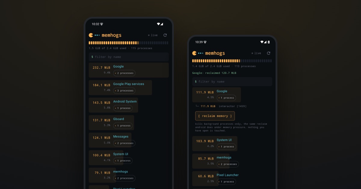 memhogs for Android showing apps ranked by memory