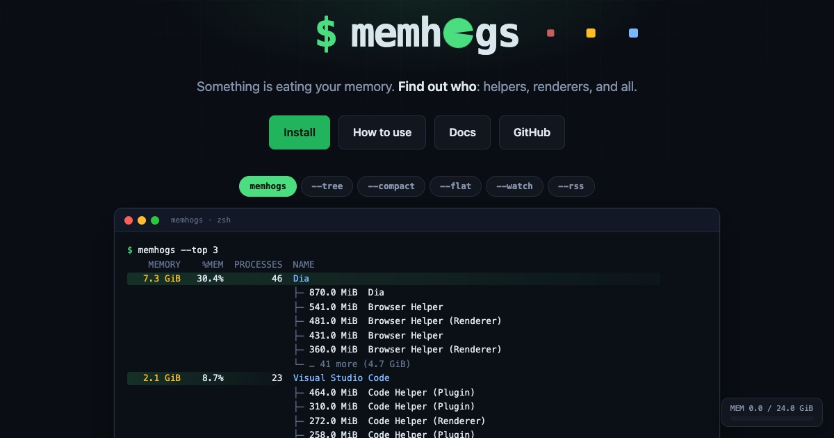 memhogs website with its live terminal demo