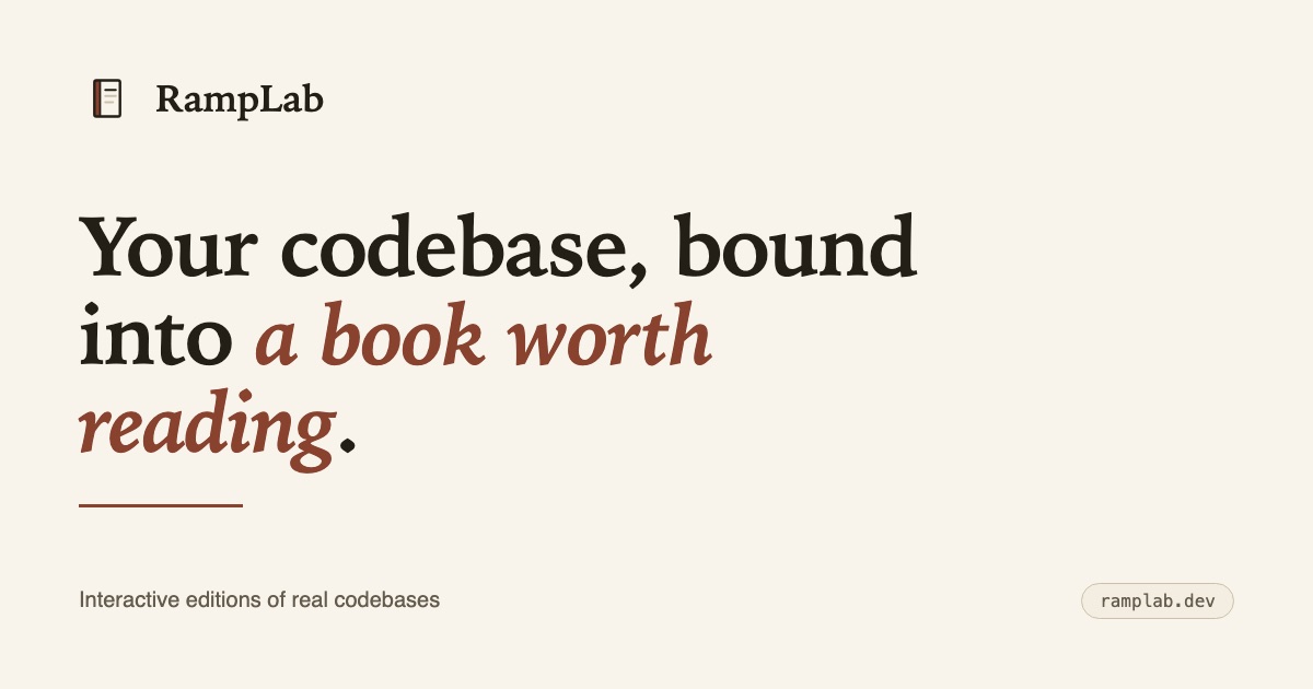 RampLab landing page: your codebase, bound into a book worth reading